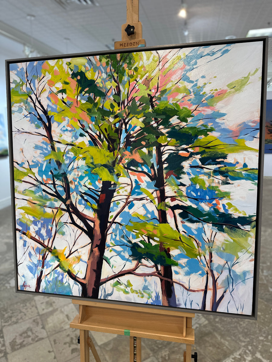 The same painting in a grey floating frame, on an easel in Butter Gallery